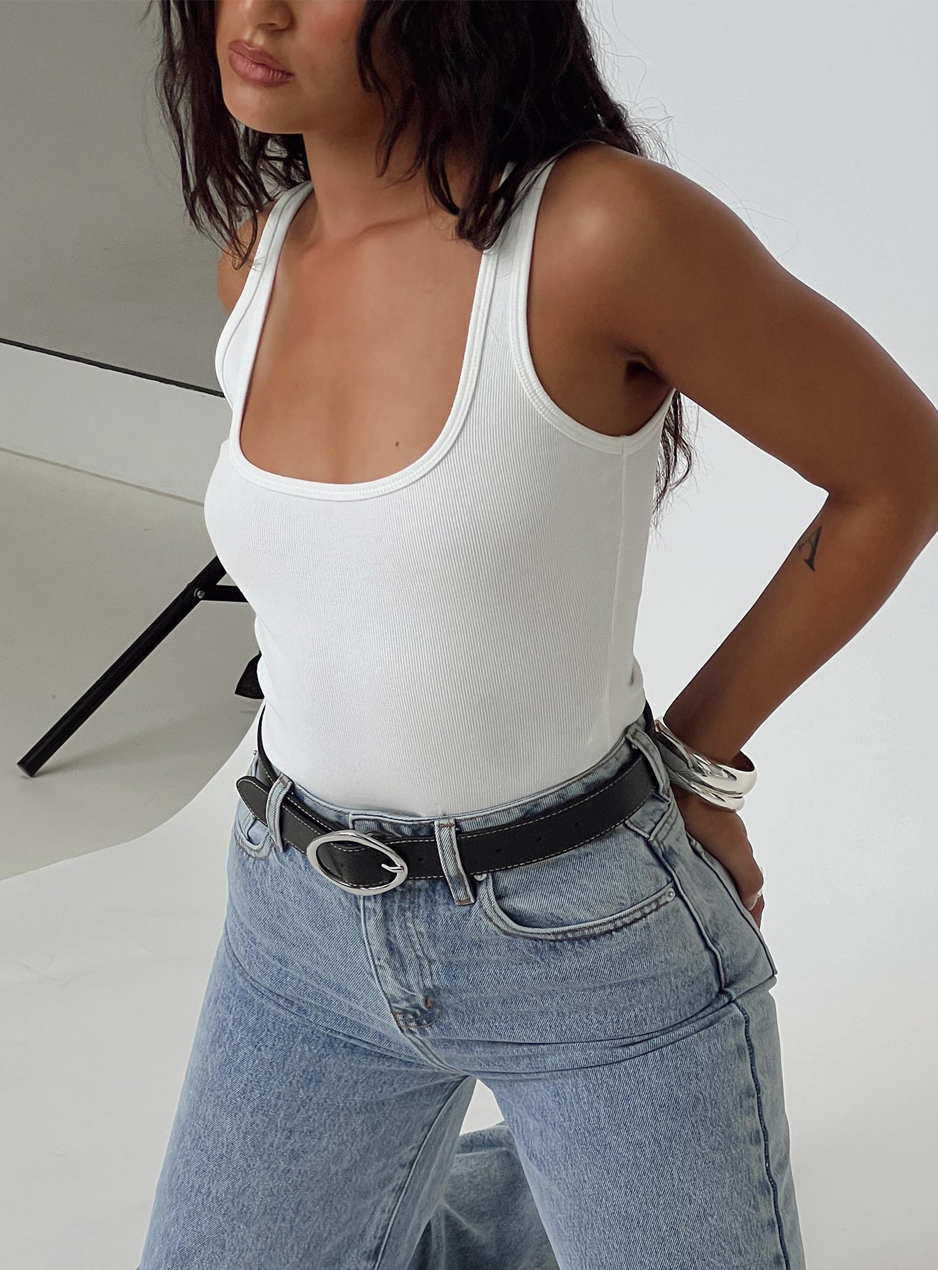 Temel Kare Yaka Rib Tank Top Beyaz