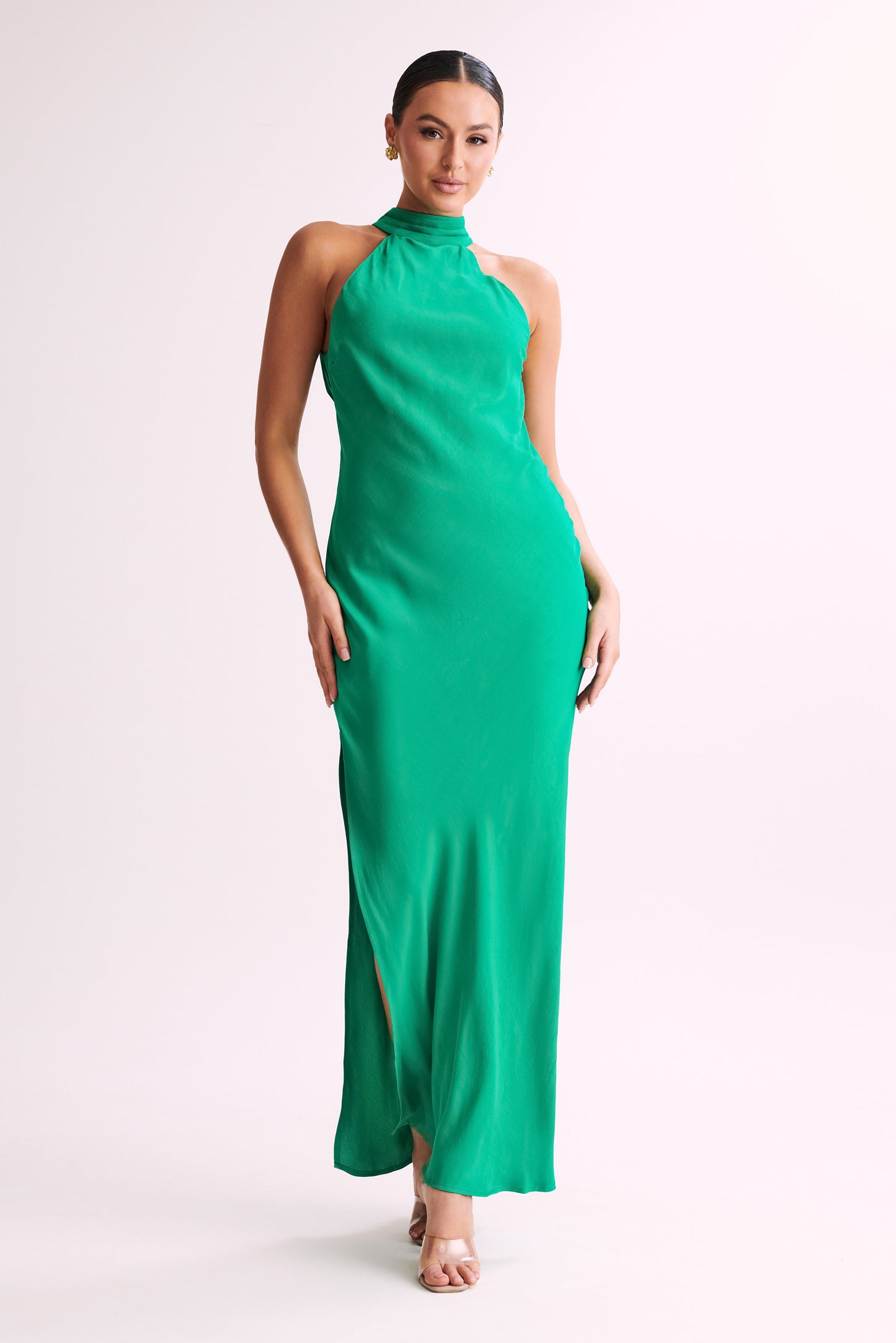 Claire Satin Drape Back Maxi Elbise Yırtmaçlı - Yeşil