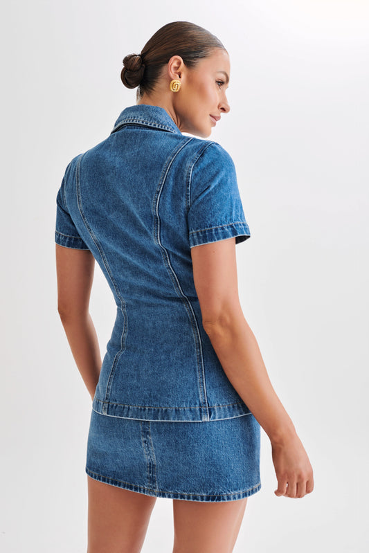Ellie Denim Kısa Kollu Üst - 70'ler Mavisi