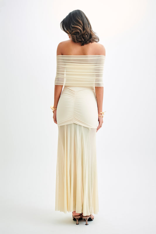 Caspian Slinky Ve File Off Shoulder Maxi Elbise - Ivory