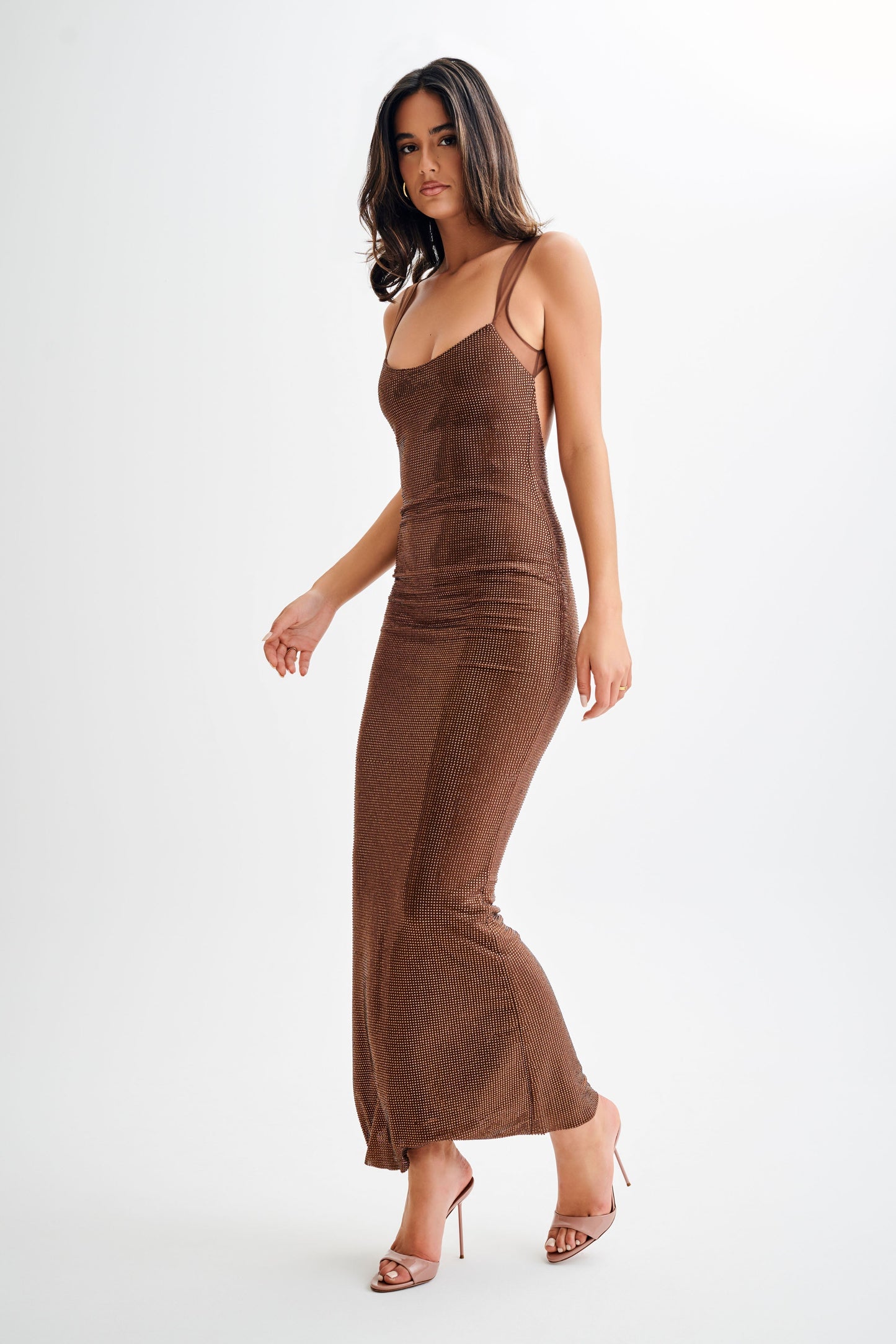 Jasmyn Hot Fix Maxi Elbise - Çikolata