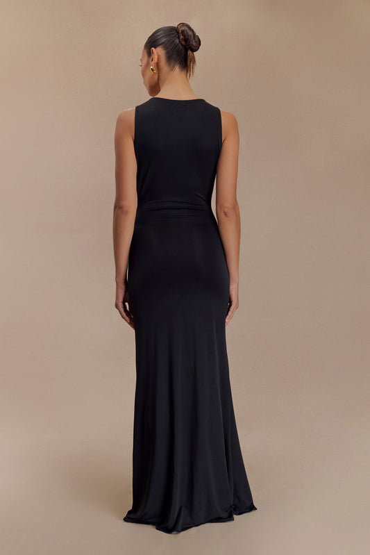 Beck Plunge Maxi Elbise Çiçek Aksesuar - Siyah