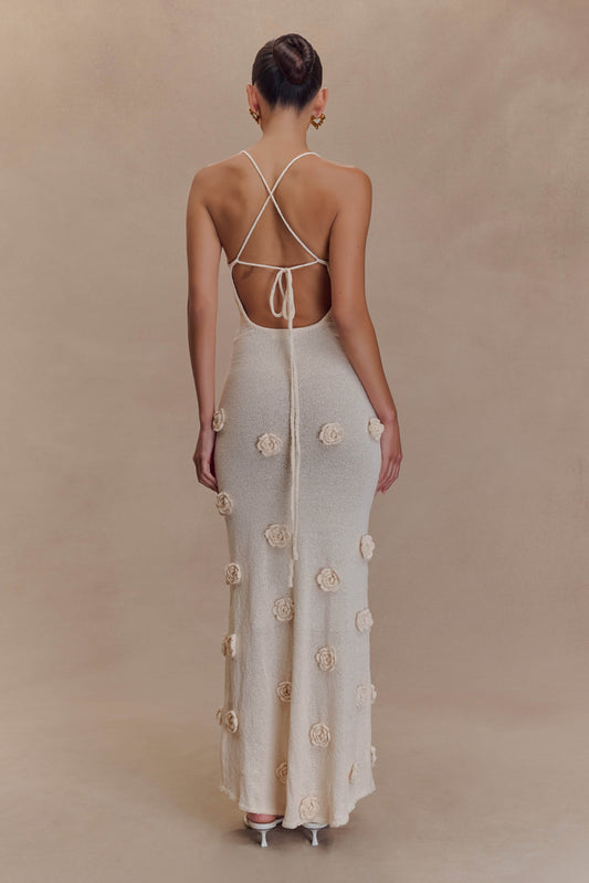 Suki Örgü Maxi Elbise Çiçeklerle - Ten Rengi