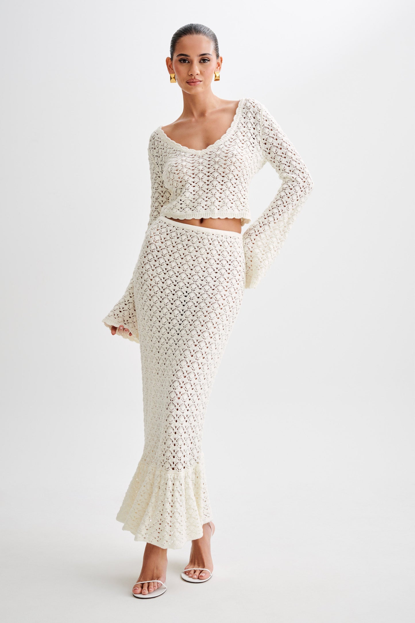 Anais Frill Knit Midi Etek - Ivory