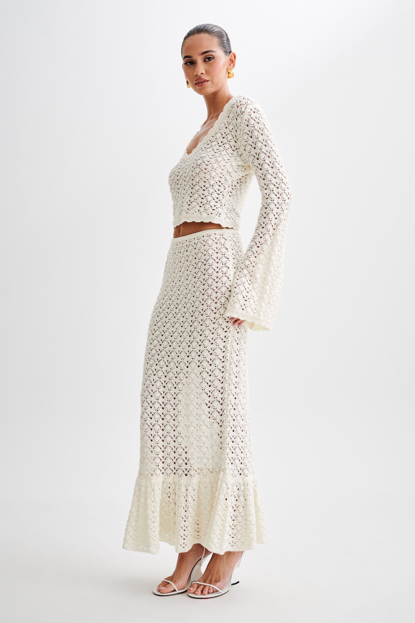 Anais Frill Knit Midi Etek - Ivory