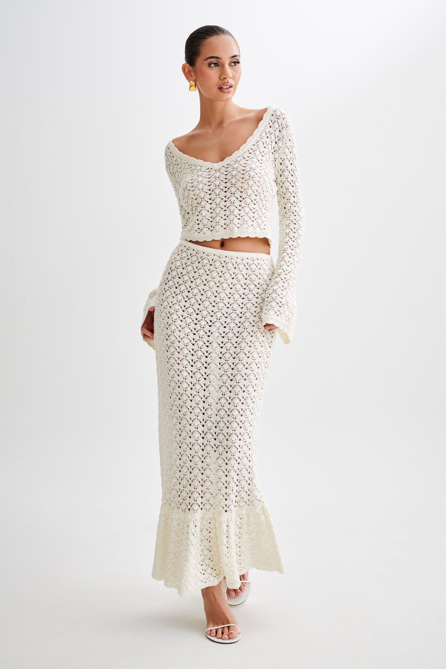 Anais Frill Knit Midi Etek - Ivory