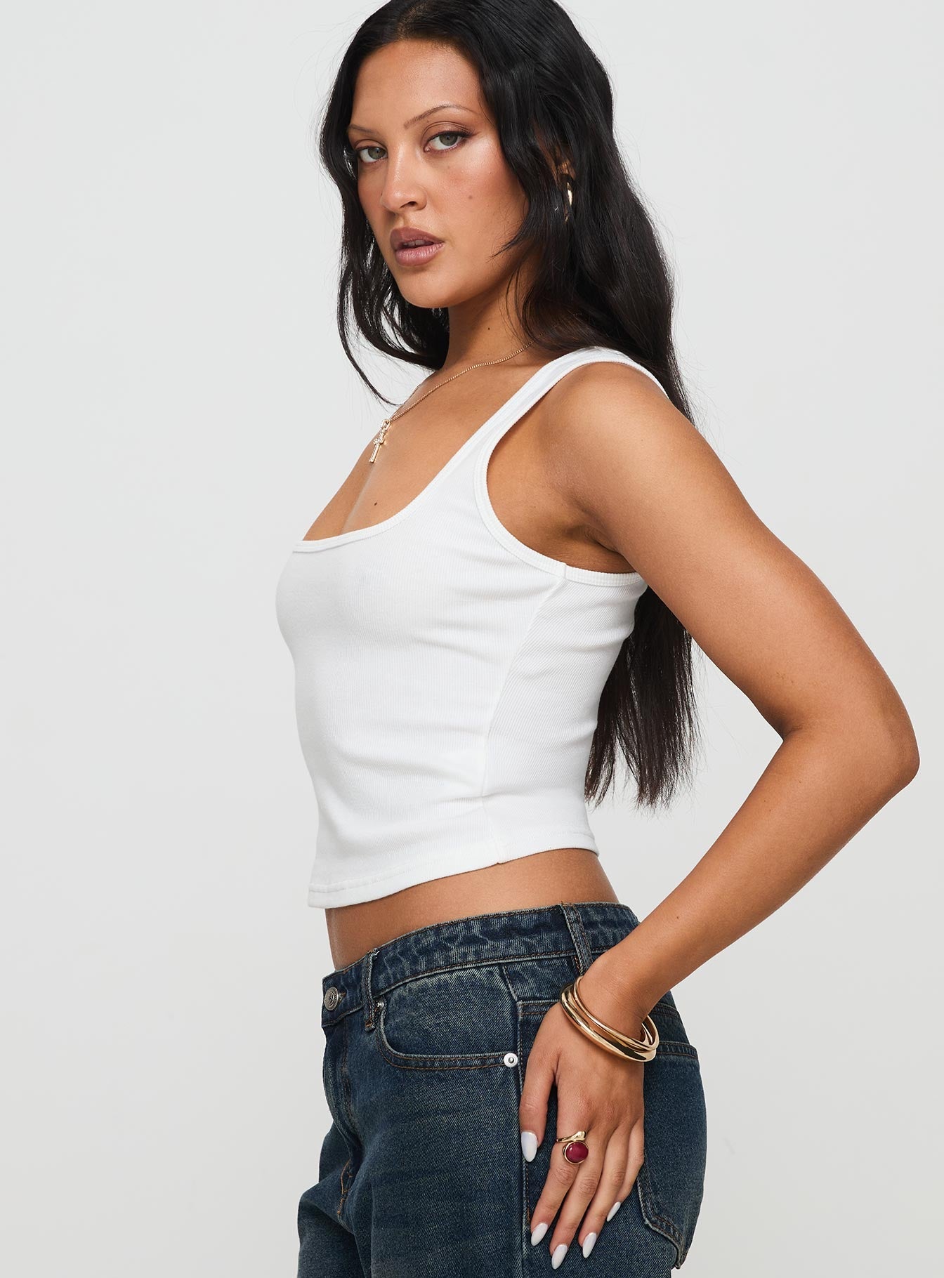 Temel Kare Yaka Rib Tank Top Beyaz