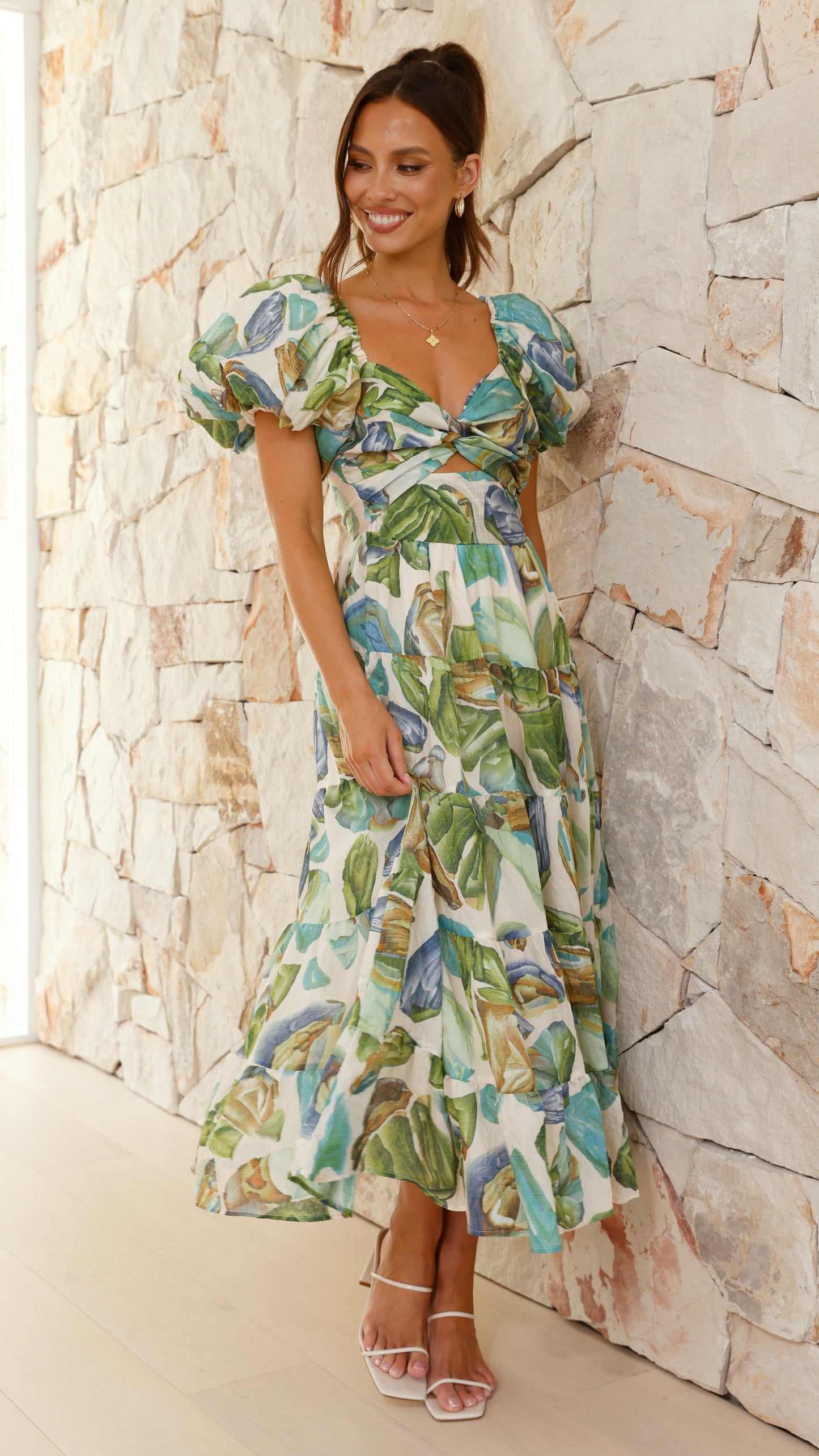 Balthazar Maxi Elbise - Yeşil / Mavi Desen