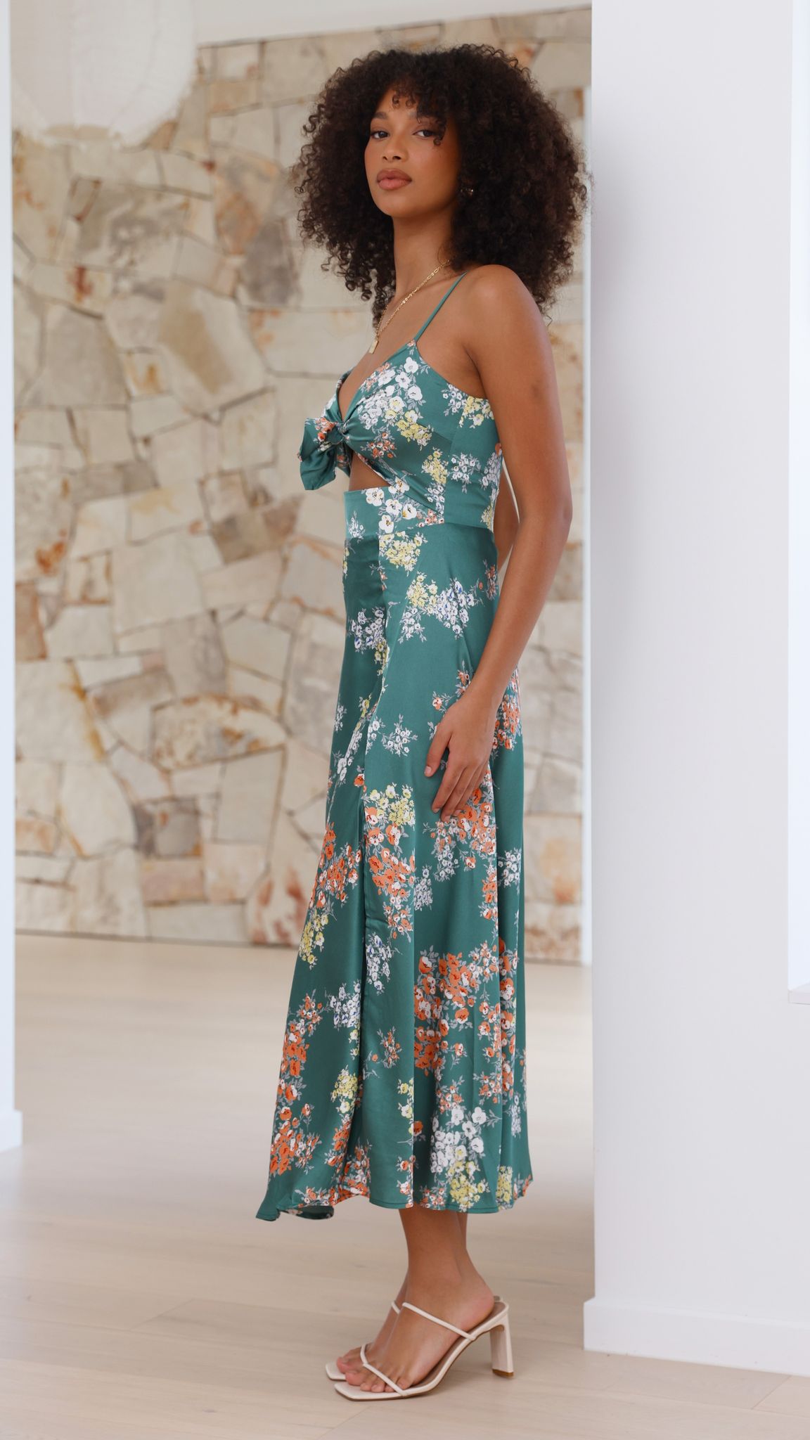 Rüya Görenler Midi Elbise - Yeşil Çiçekli