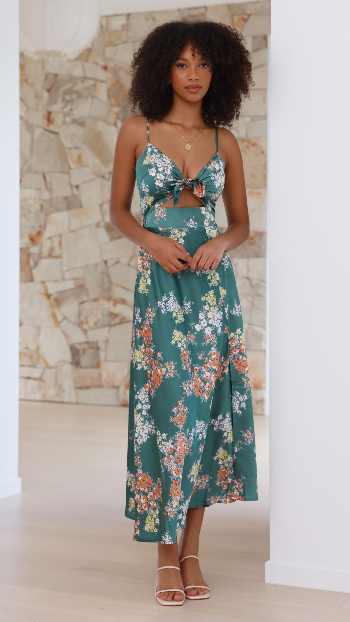 Rüya Görenler Midi Elbise - Yeşil Çiçekli