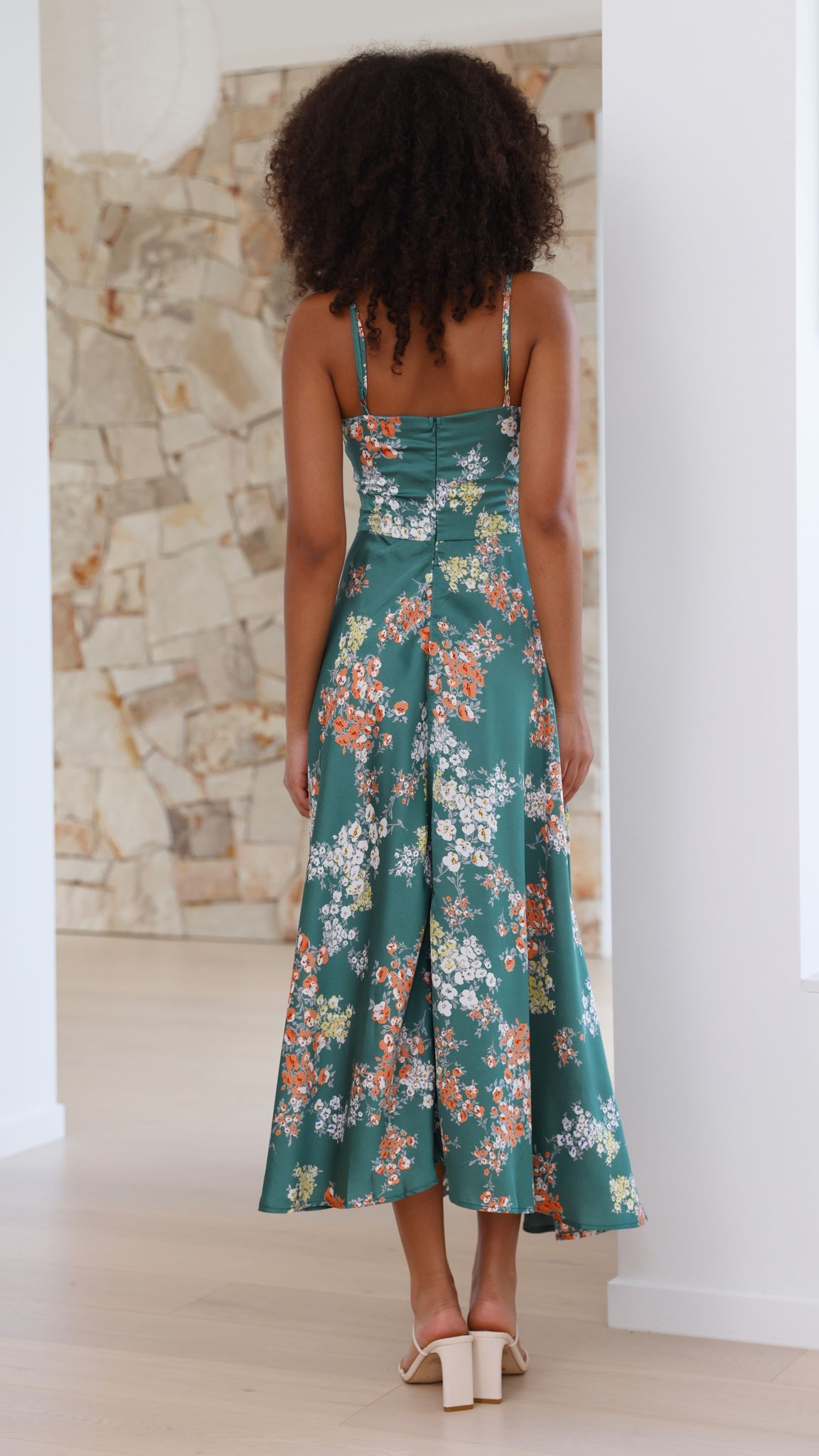 Rüya Görenler Midi Elbise - Yeşil Çiçekli