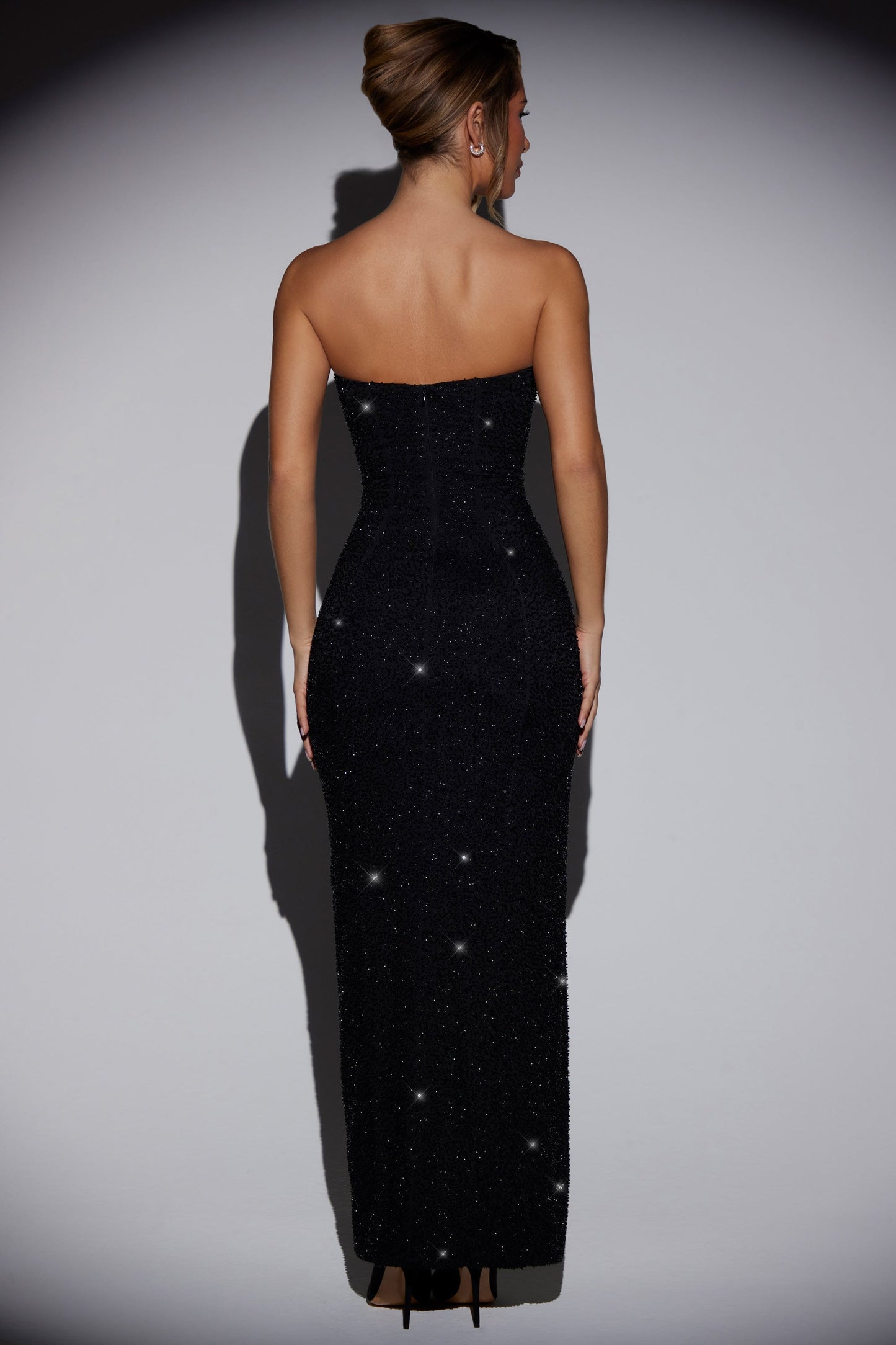 Süslemeli Bandeau Cowl Neck Maxi Elbise - Siyah