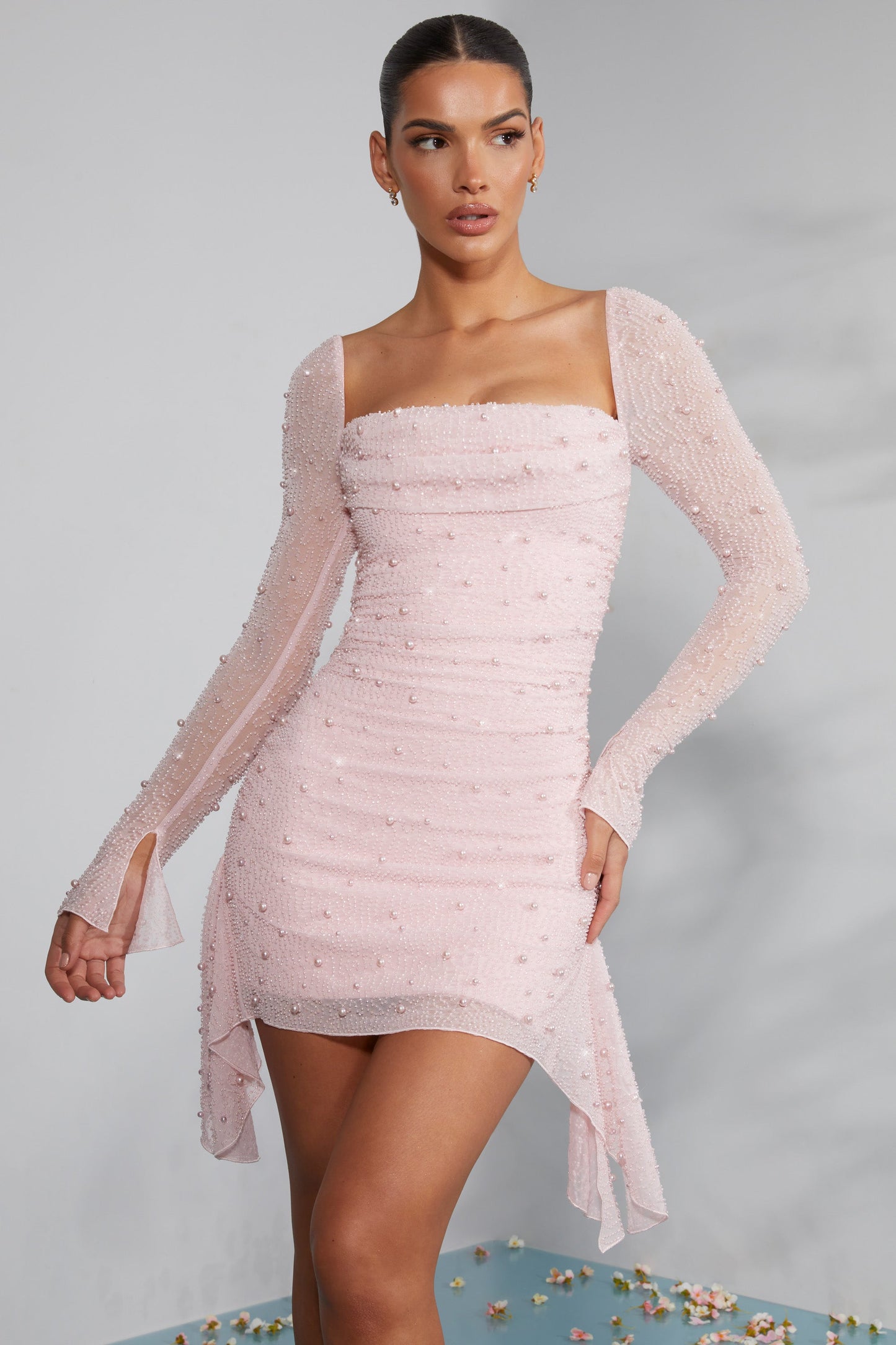 Uzun Kollu Süslemeli Yaka Mini Elbise - Pembe