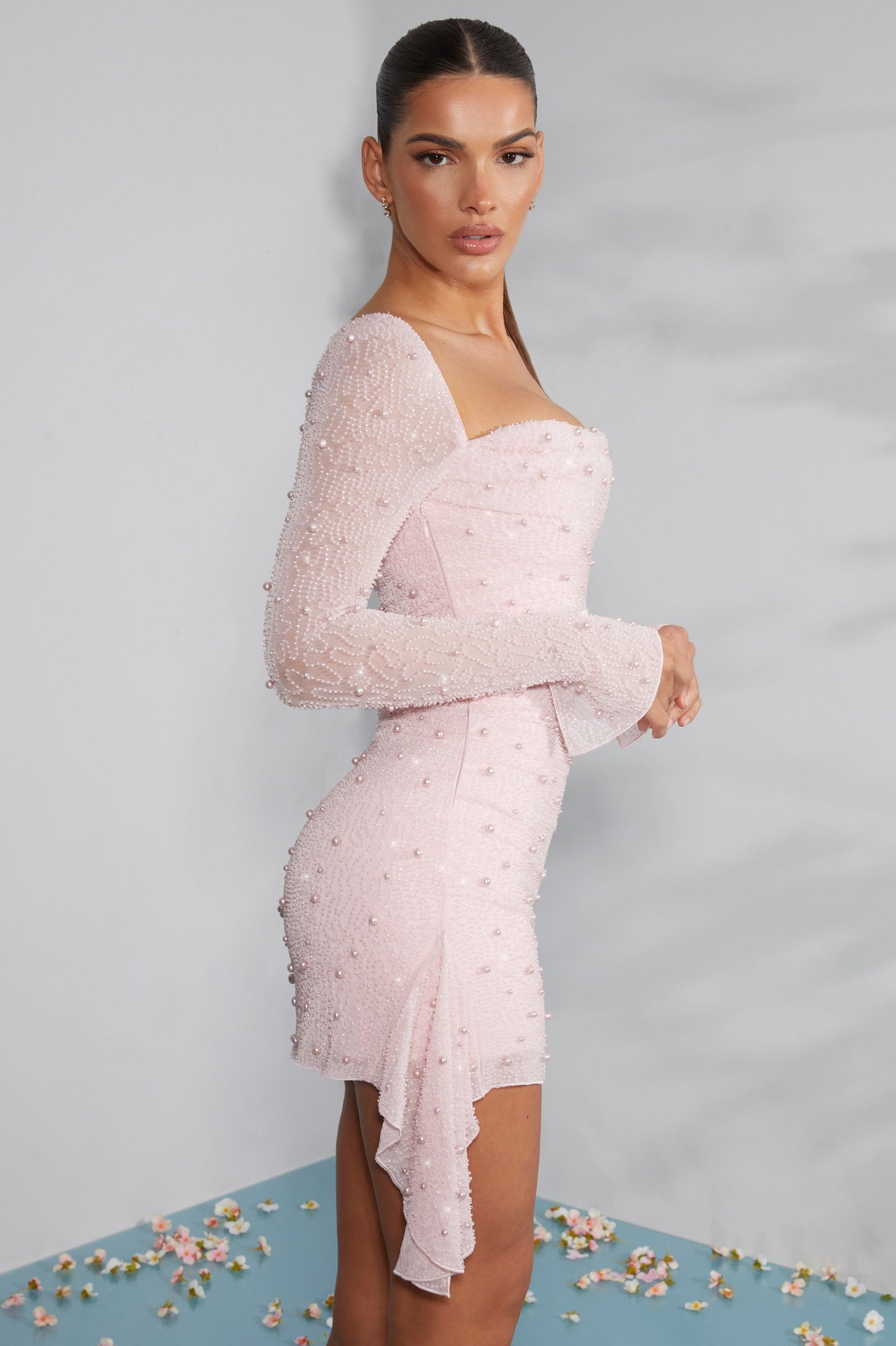 Uzun Kollu Süslemeli Yaka Mini Elbise - Pembe