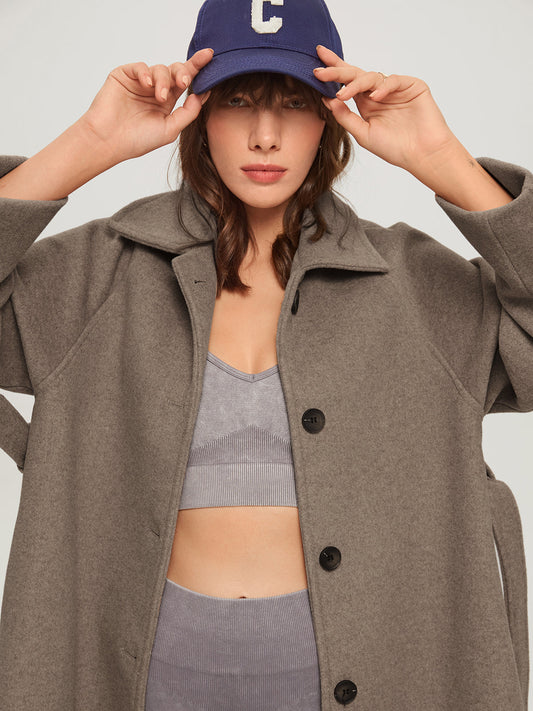 Aşırı Boyda Fırçalanmış Kuşaklı Uzun Palto