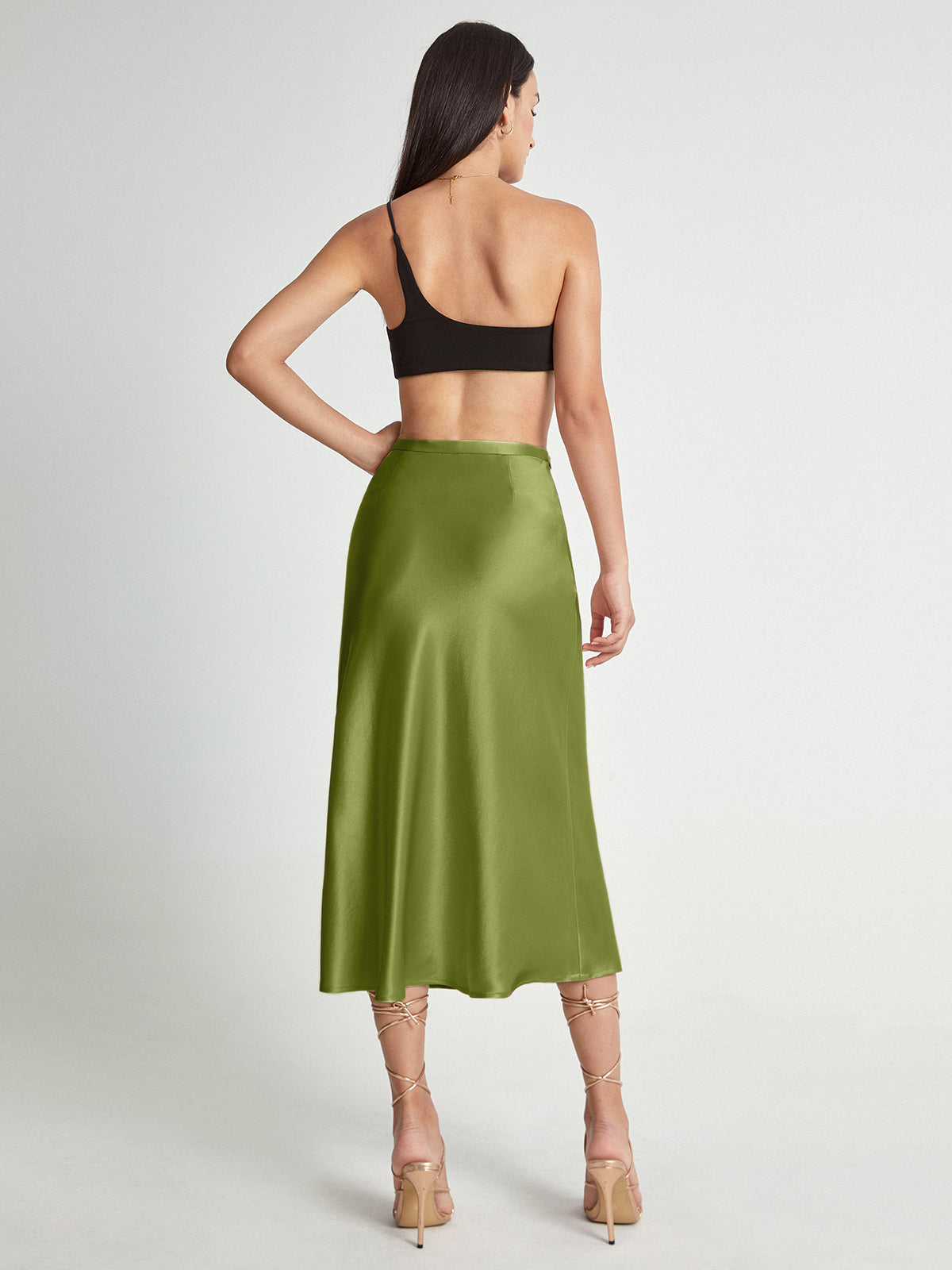 High Waisted Satin Flowing Midi Skirt