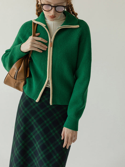 İki Yönlü Fermuarlı Kontrast Kenar Detaylı Hırka