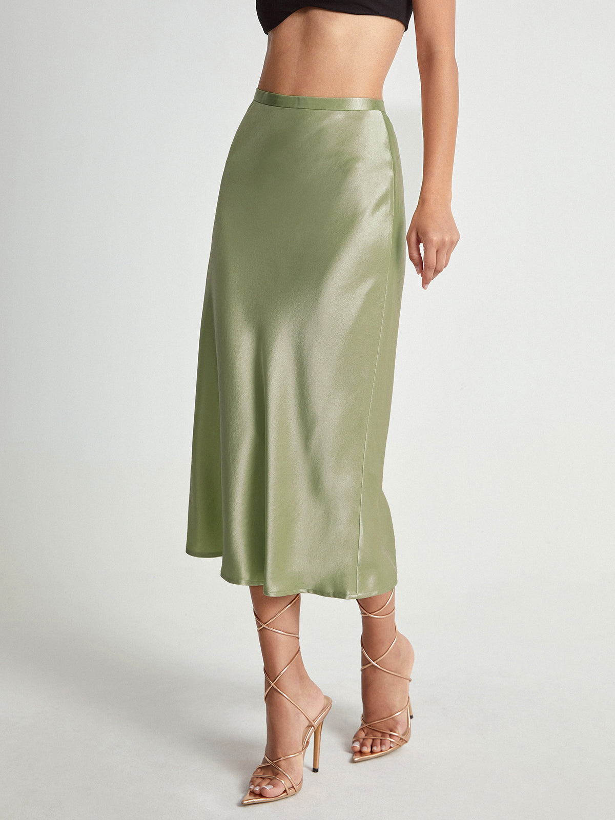 High Waisted Satin Flowing Midi Skirt
