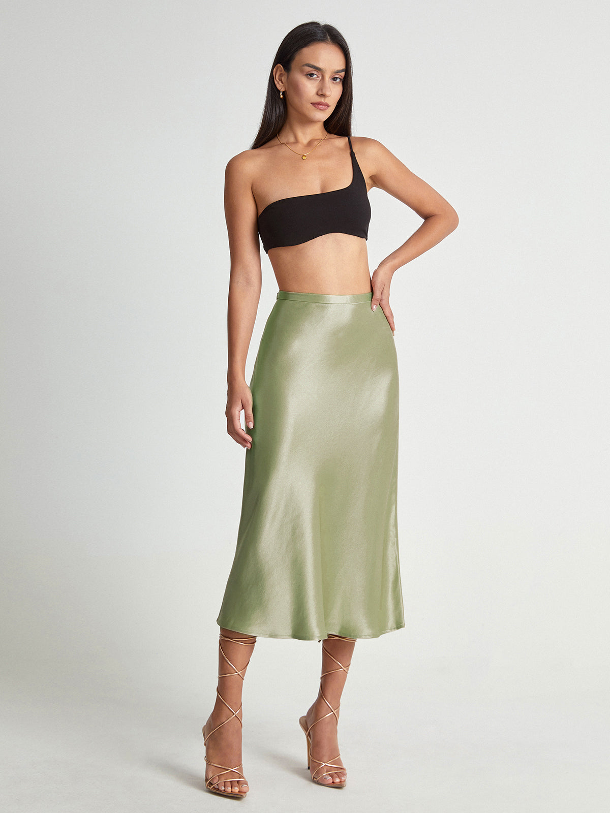 High Waisted Satin Flowing Midi Skirt