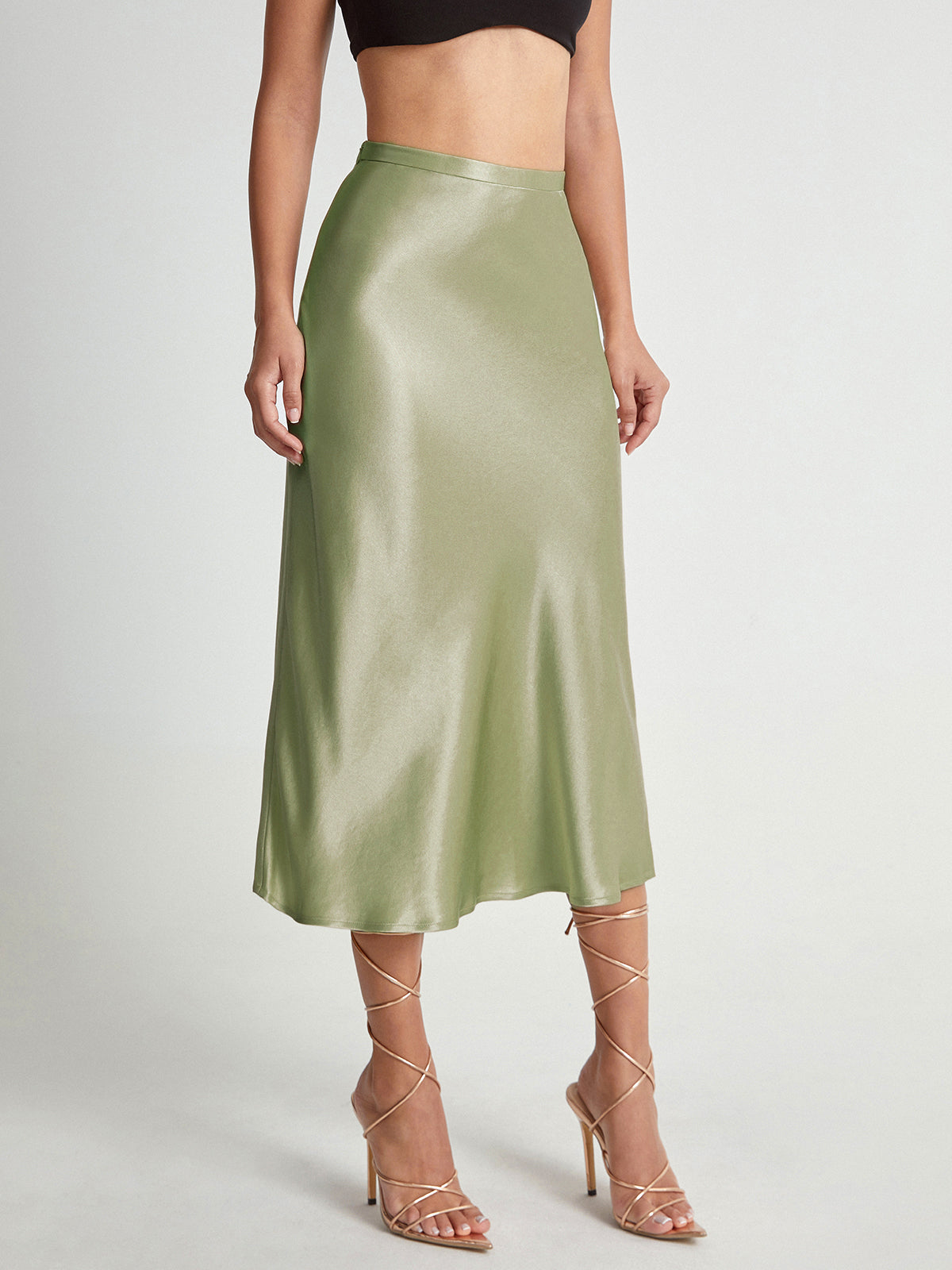 High Waisted Satin Flowing Midi Skirt