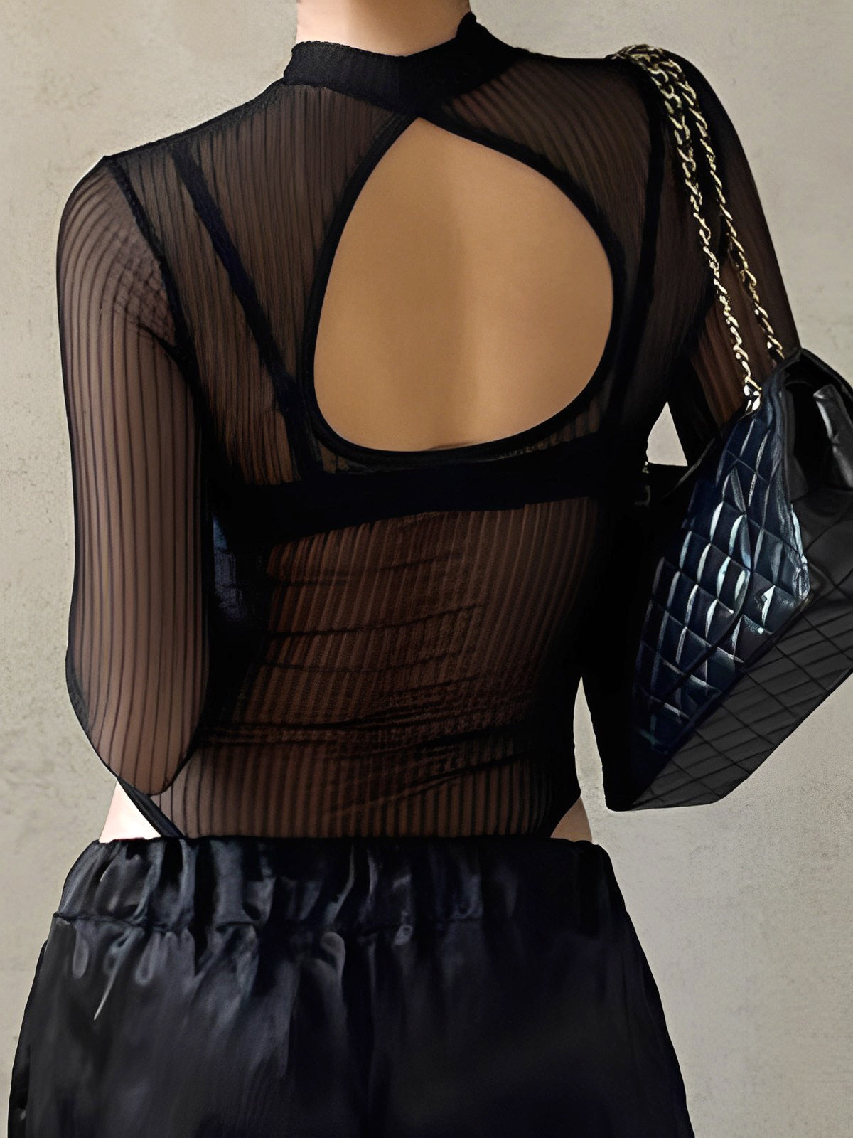 Şeffaf Ağ Açık Sırt Kesim Bodysuit