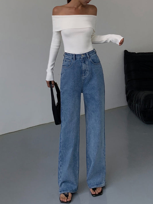 Omuz Açık, Katlamalı Uzun Kollu Örme Üst