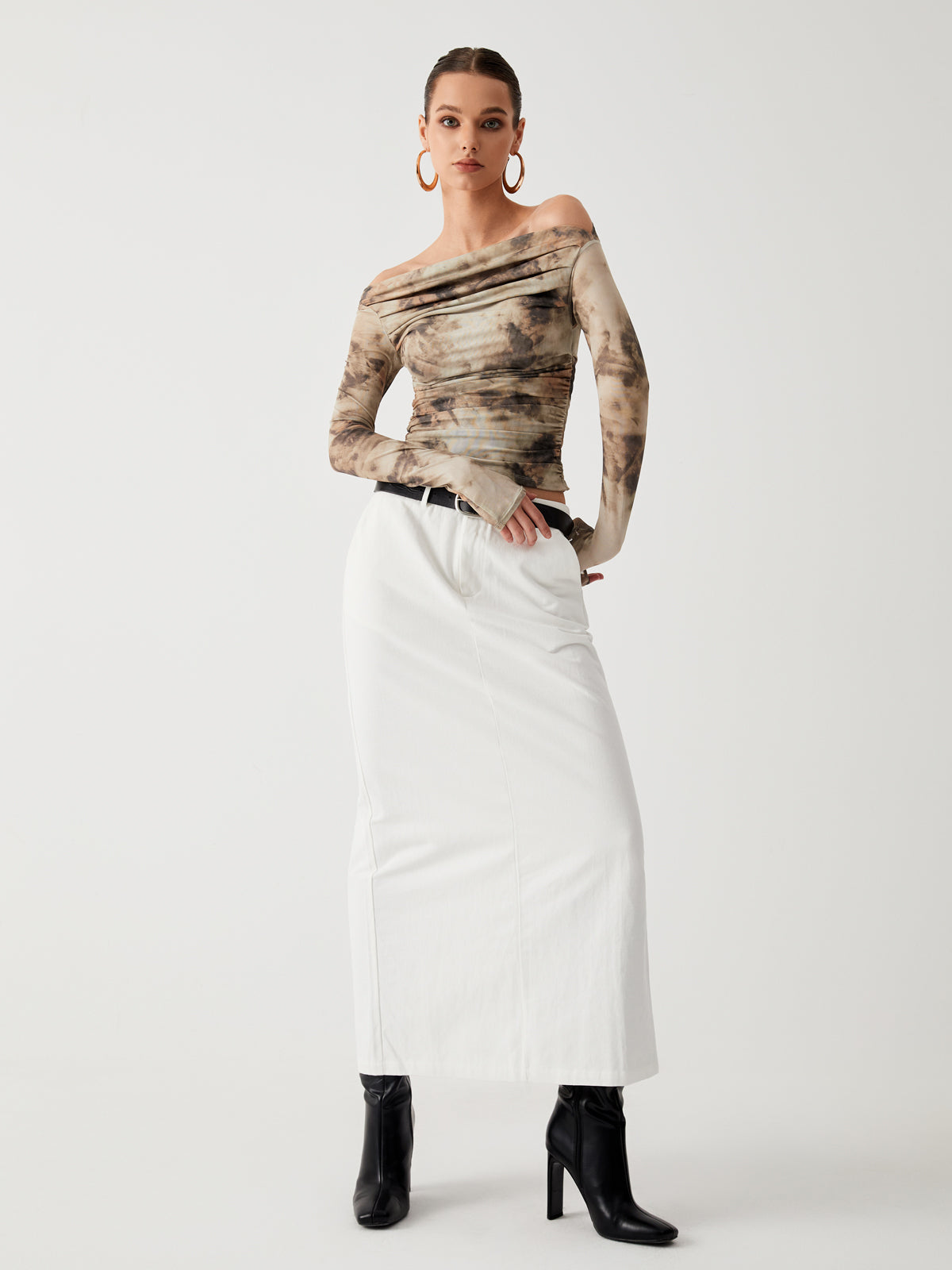 Yarı Şeffaf Tül Ağı Mesh Off Shoulder Uzun Kol Kısa Üst