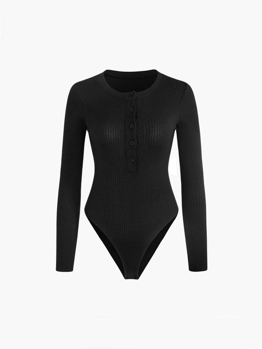 Düğme Kapamalı Rib Uzun Kollu Bodysuit