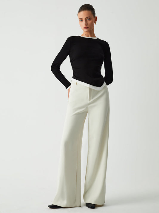 Asimetrik Hem Kontrast Trim Uzun Kollu Gömlek