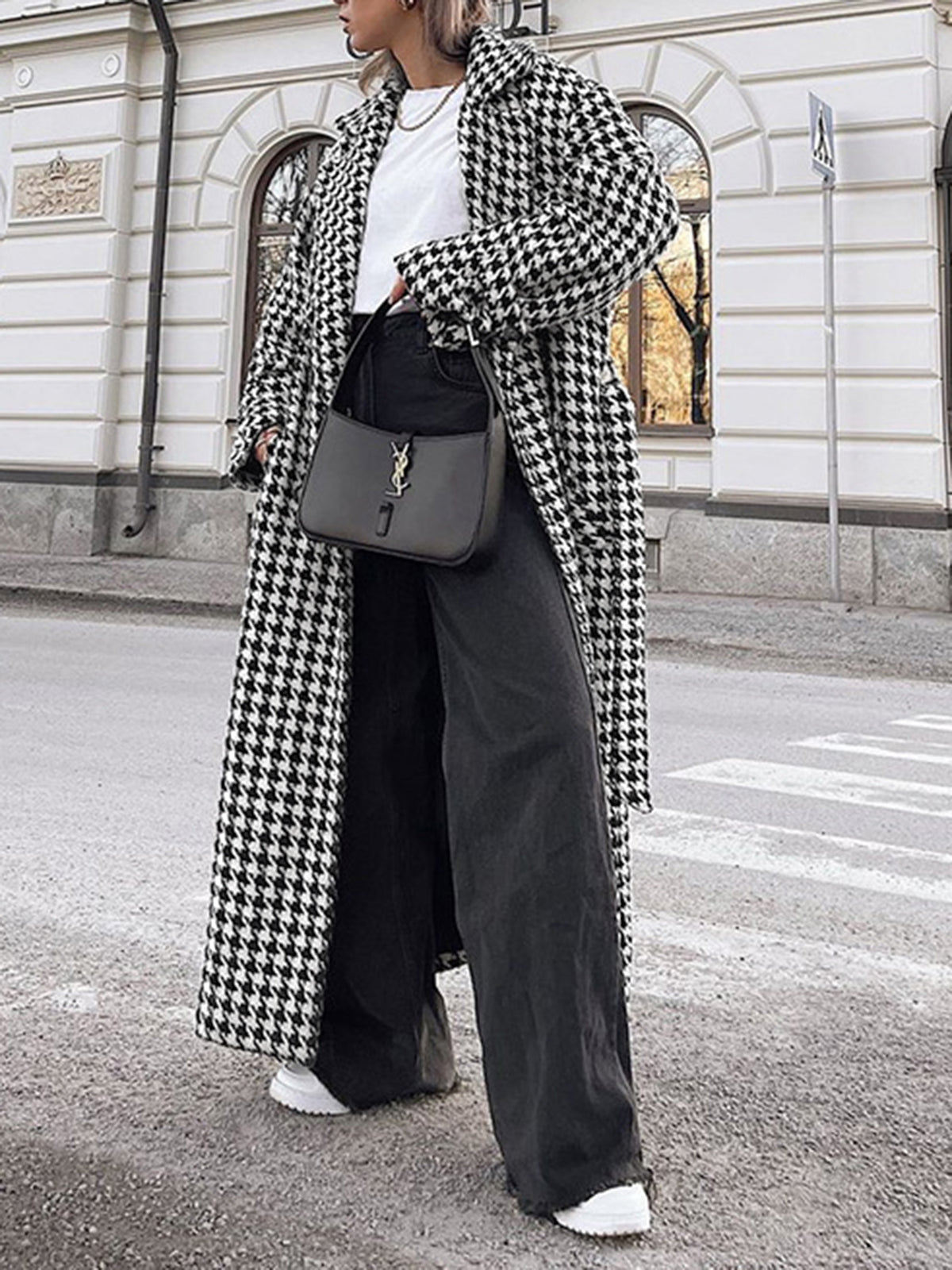 Aşırı Büyük Houndstooth Keten Trençkot