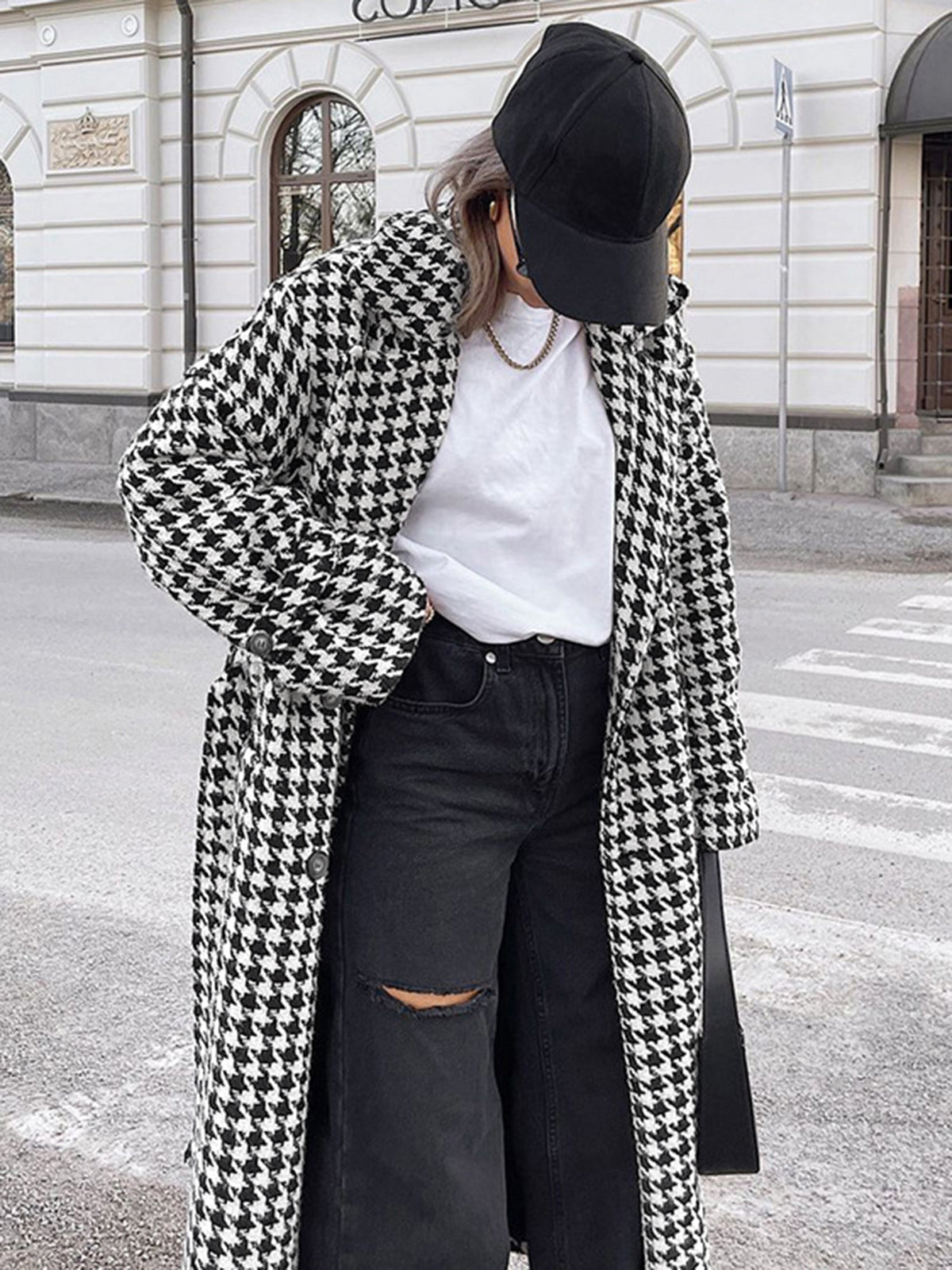 Aşırı Büyük Houndstooth Keten Trençkot