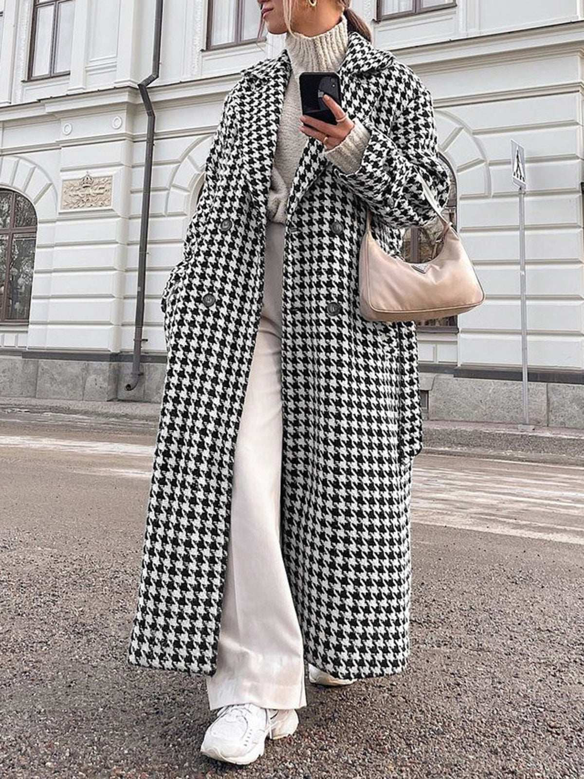 Aşırı Büyük Houndstooth Keten Trençkot