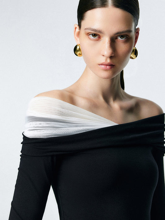 Asimetrik Tek Omuz Açık Uzun Kol File Üst