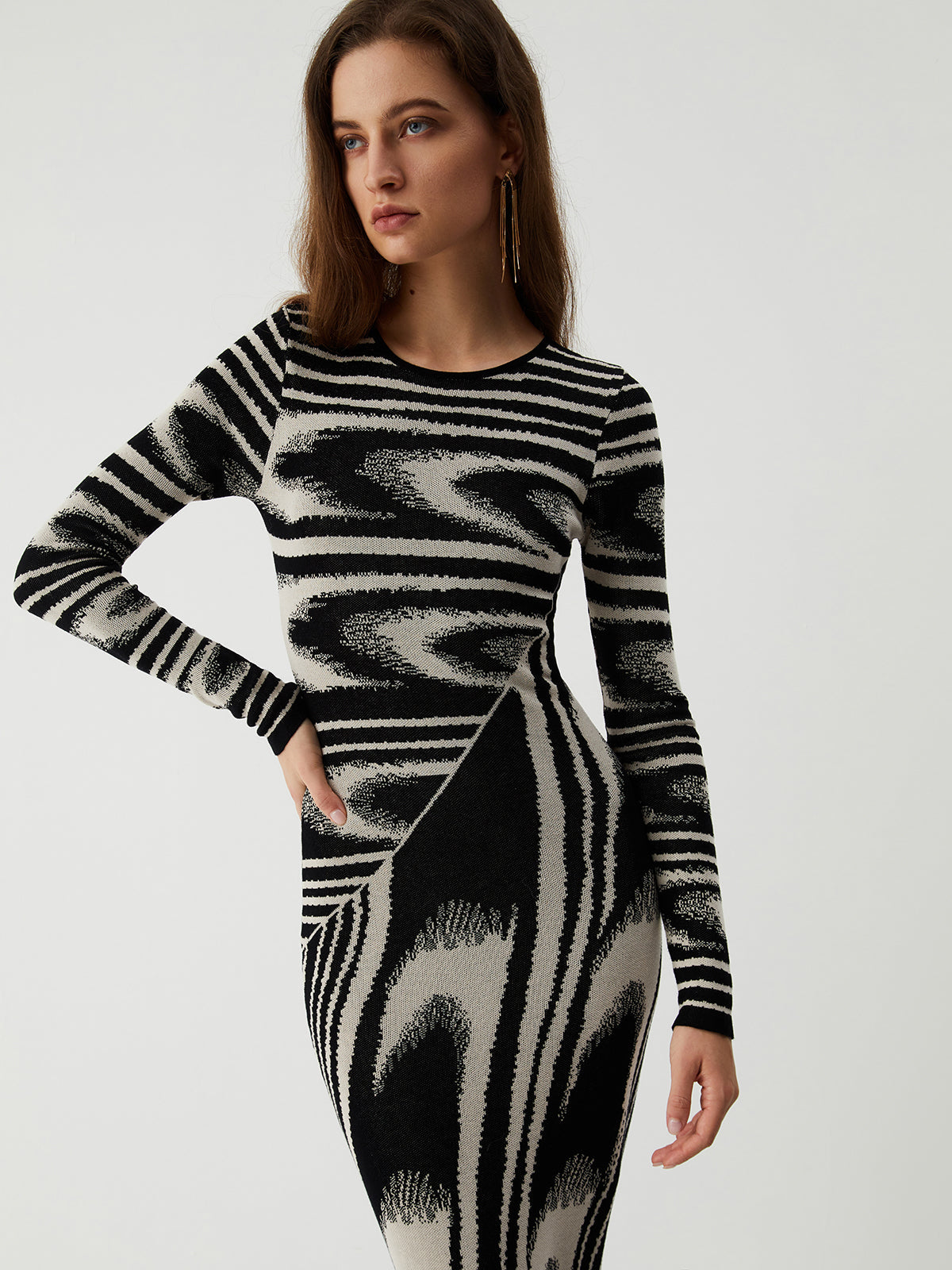 Zebra Desenli Uzun Kollu Kazak Elbisesi