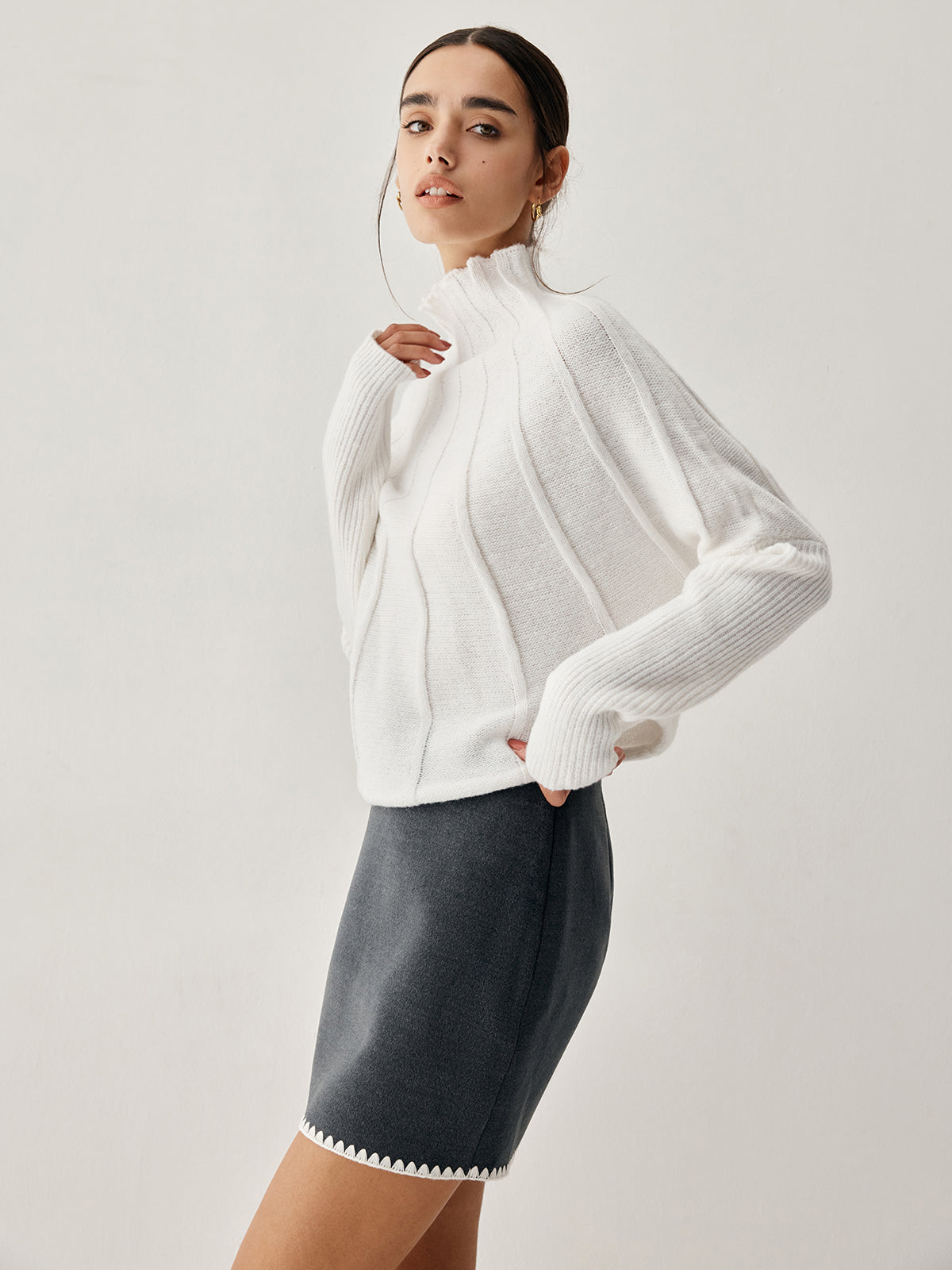 Piping Mock Neck Uzun Kol Örgü Üst