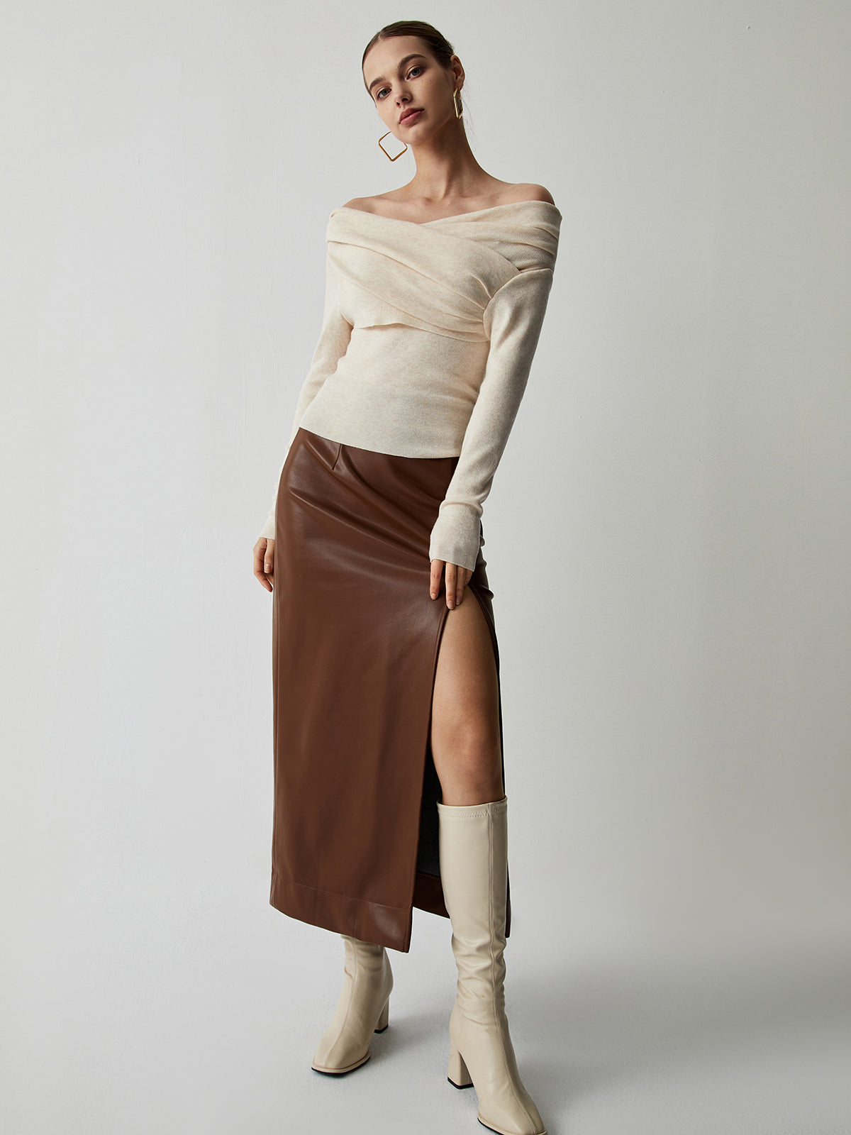 Open Shoulder Wrapped Long Sleeve Knit Top