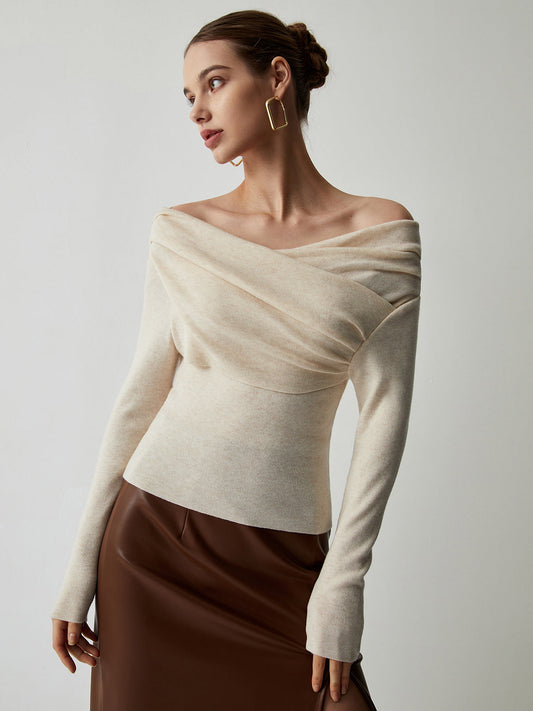 Open Shoulder Wrapped Long Sleeve Knit Top