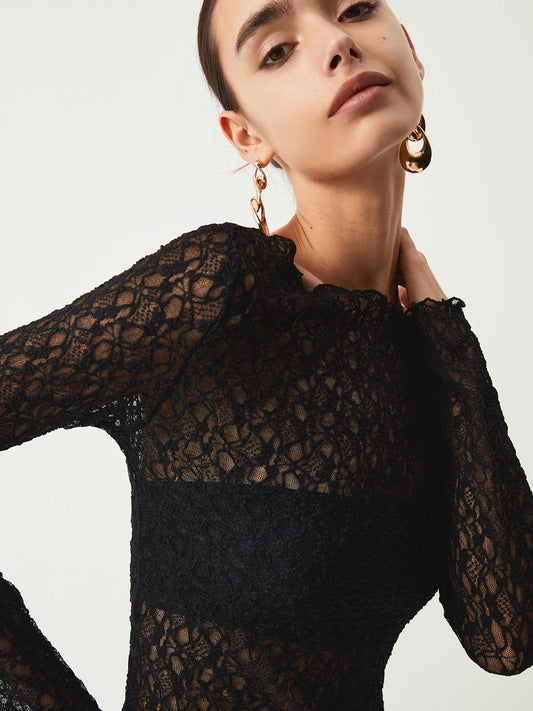 Şeffaf Çiçekli Uzun Kol Bluz