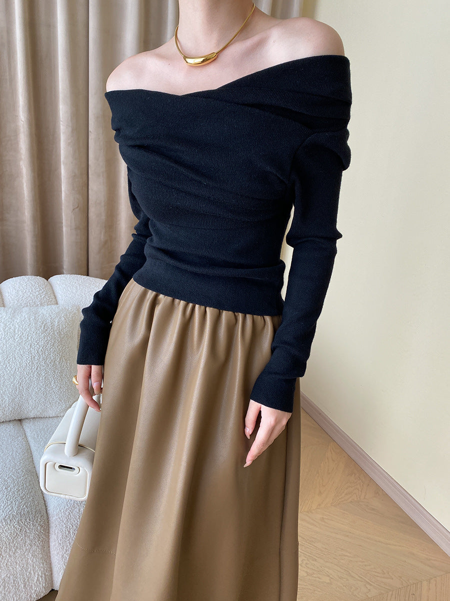 Open Shoulder Wrapped Long Sleeve Knit Top