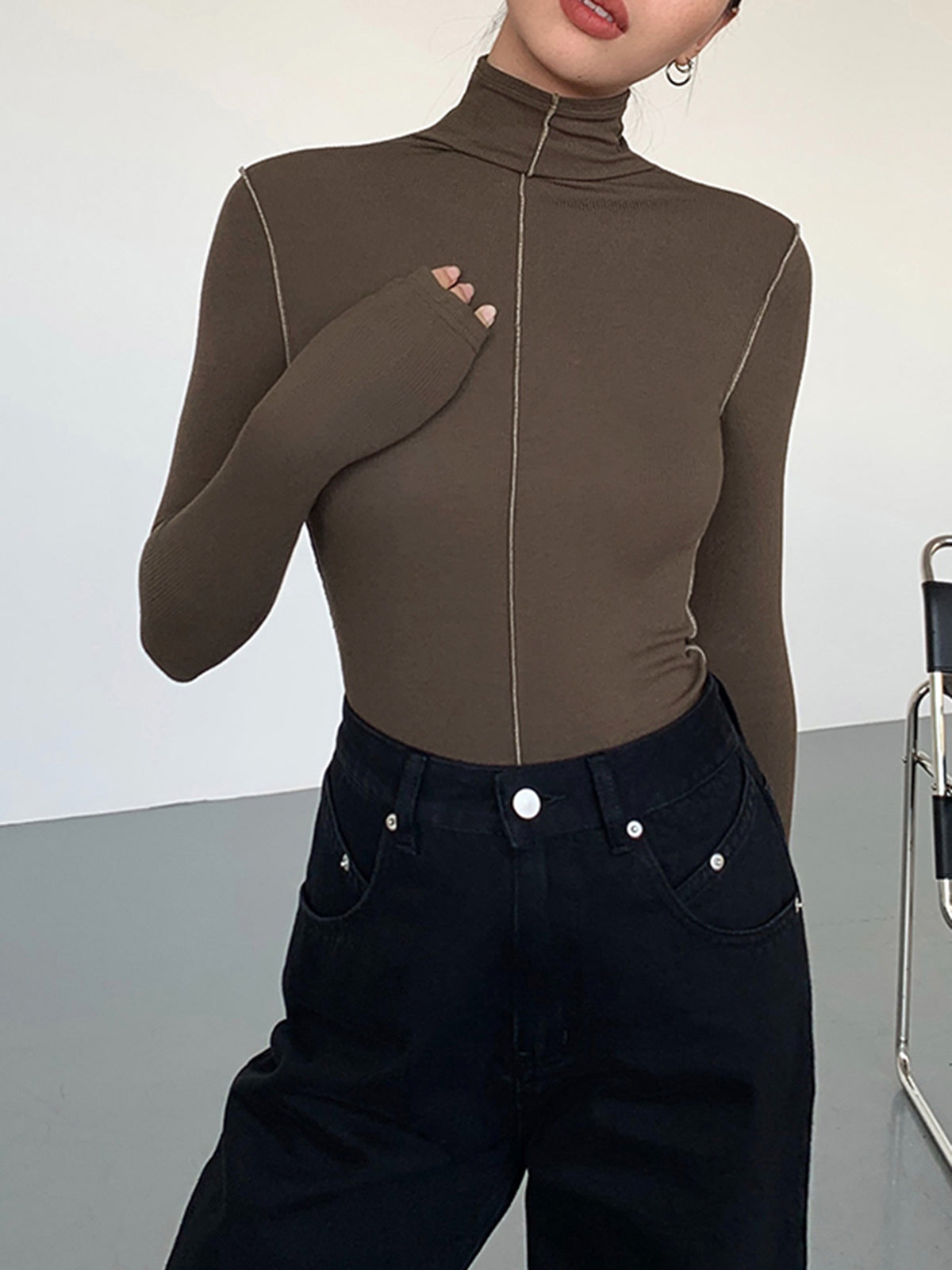 Slynk Turtleneck Kontrast Kenar Ribana Örgü Tişört