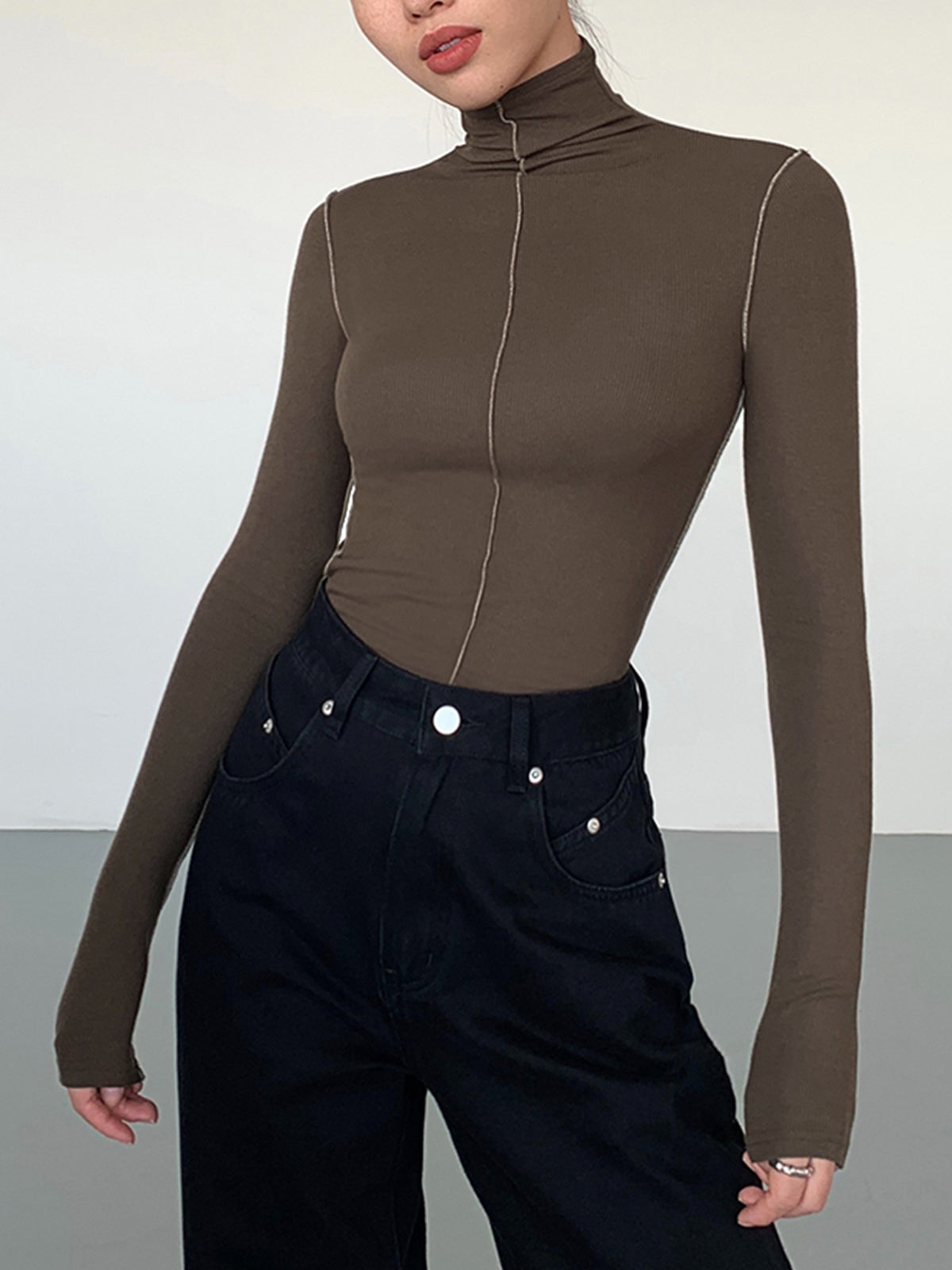 Slynk Turtleneck Kontrast Kenar Ribana Örgü Tişört