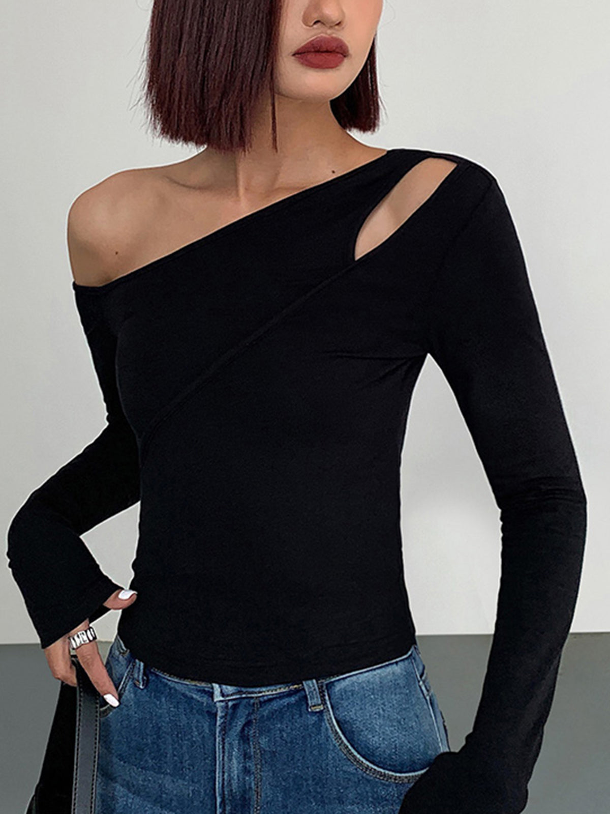 Asimetrik Off Shoulder Slinky Uzun Kollu Gömlek