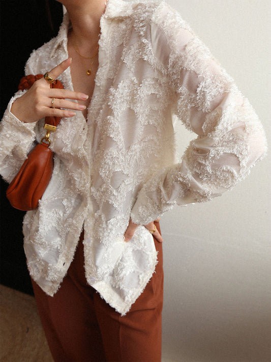 Semi-Transparent Jacquard Floral Patterned Collared Shirt