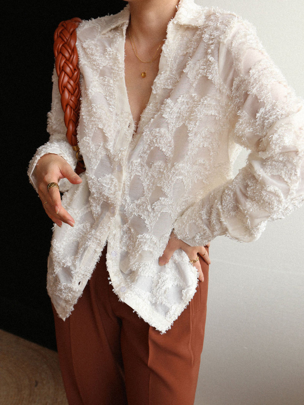 Semi-Transparent Jacquard Floral Patterned Collared Shirt