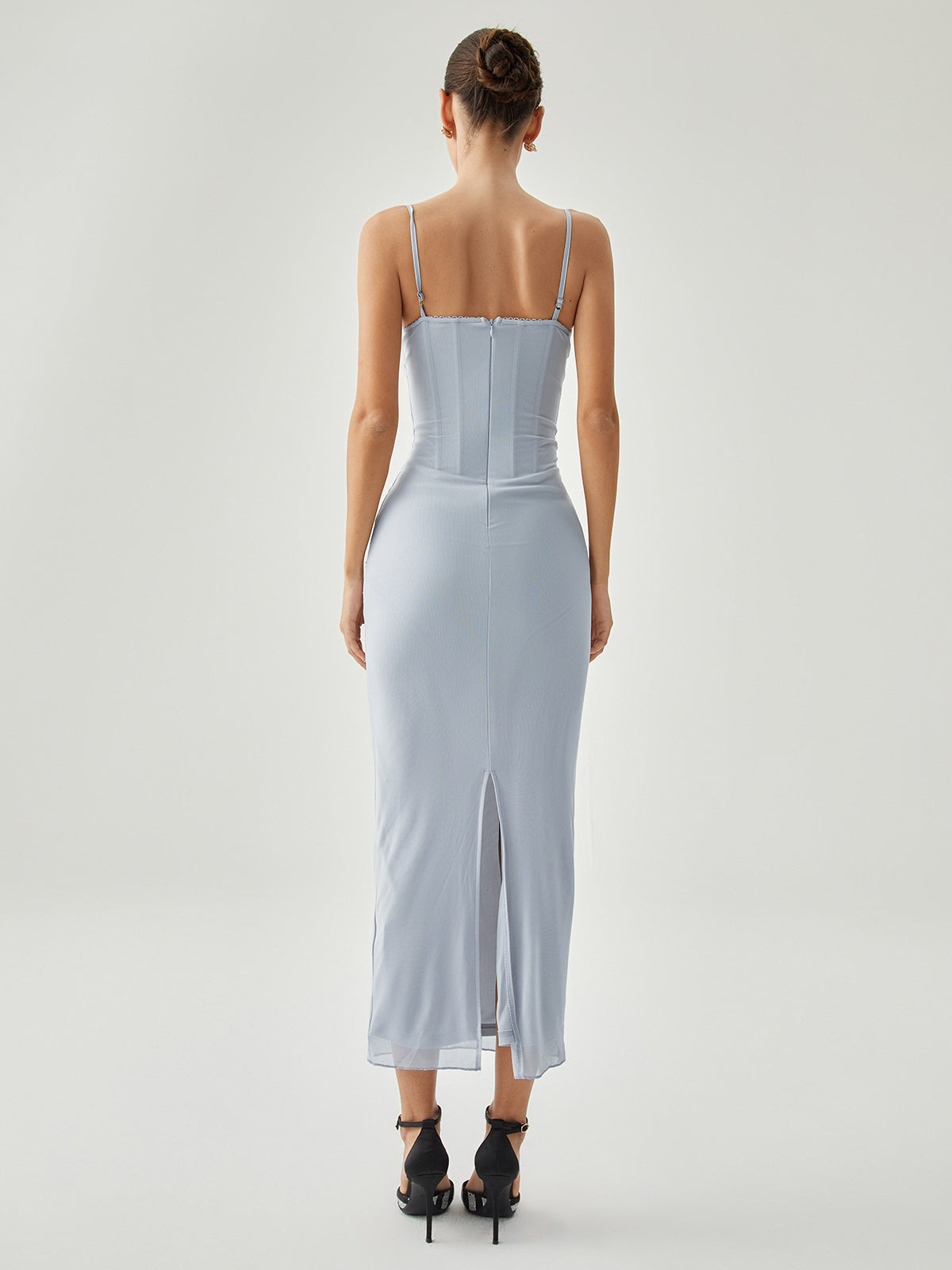 Fluffy Draped Slit Mesh Long Dress
