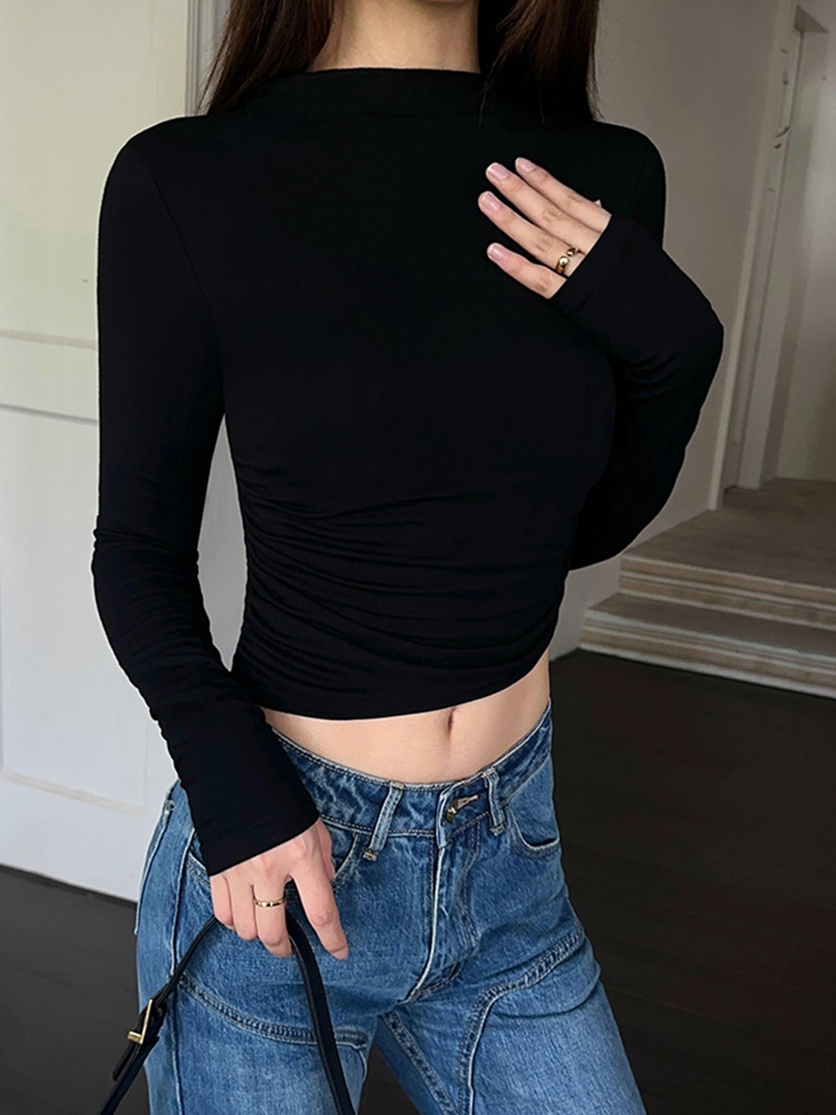 Mock Neck Slinky Uzun Kollu Ribanalı Triko Kısa Tişört
