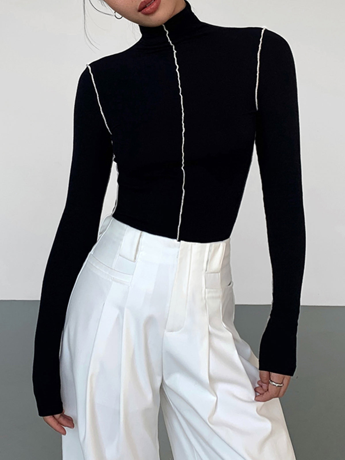 Slynk Turtleneck Kontrast Kenar Ribana Örgü Tişört
