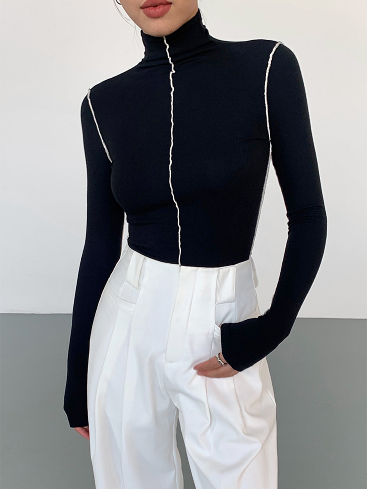 Slynk Turtleneck Kontrast Kenar Ribana Örgü Tişört