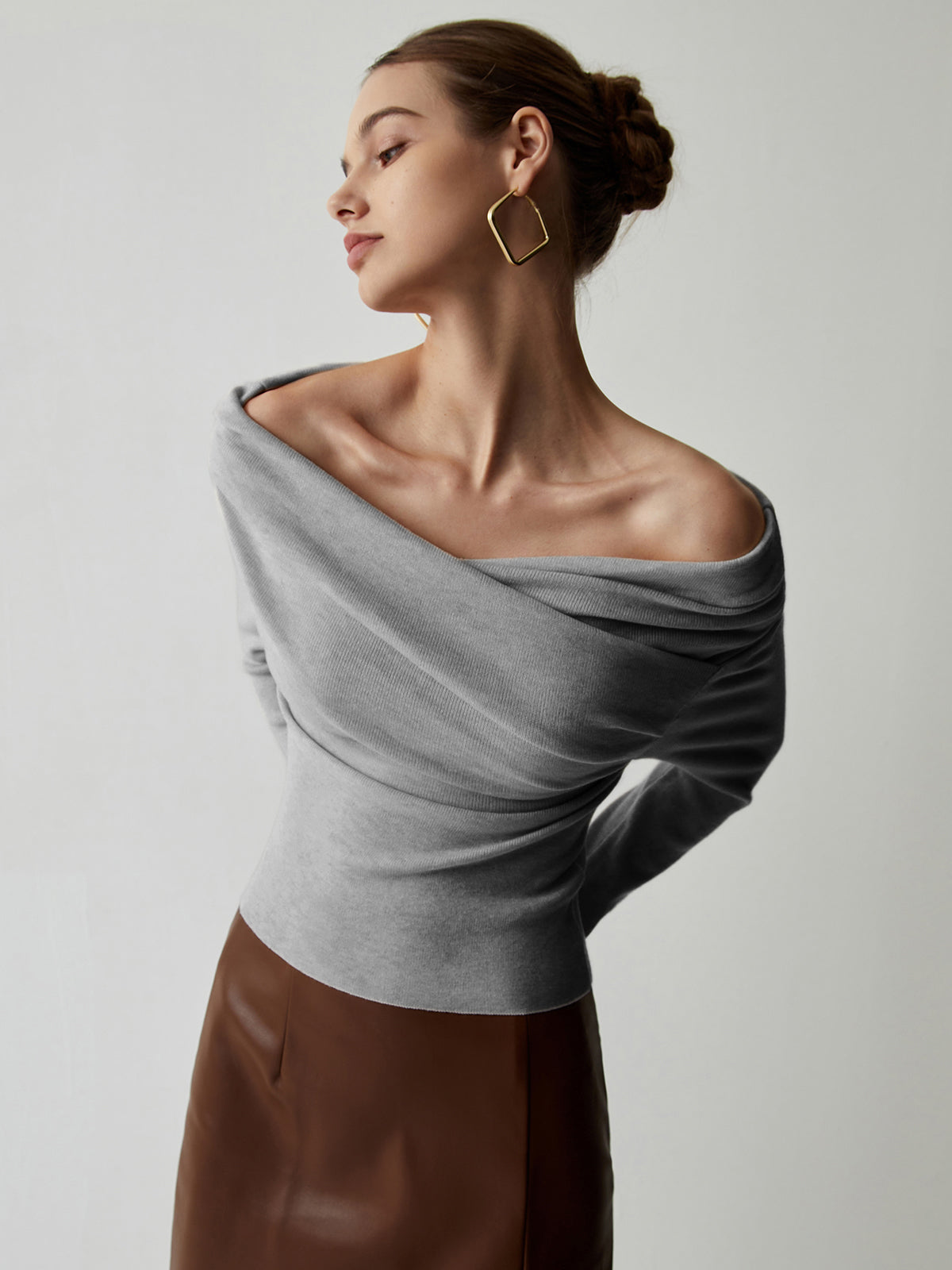 Open Shoulder Wrapped Long Sleeve Knit Top