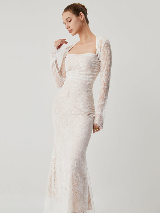 Dantel Jakarlı Çiçekli Yarı Şeffaf Bağlamalı Maxi Elbise